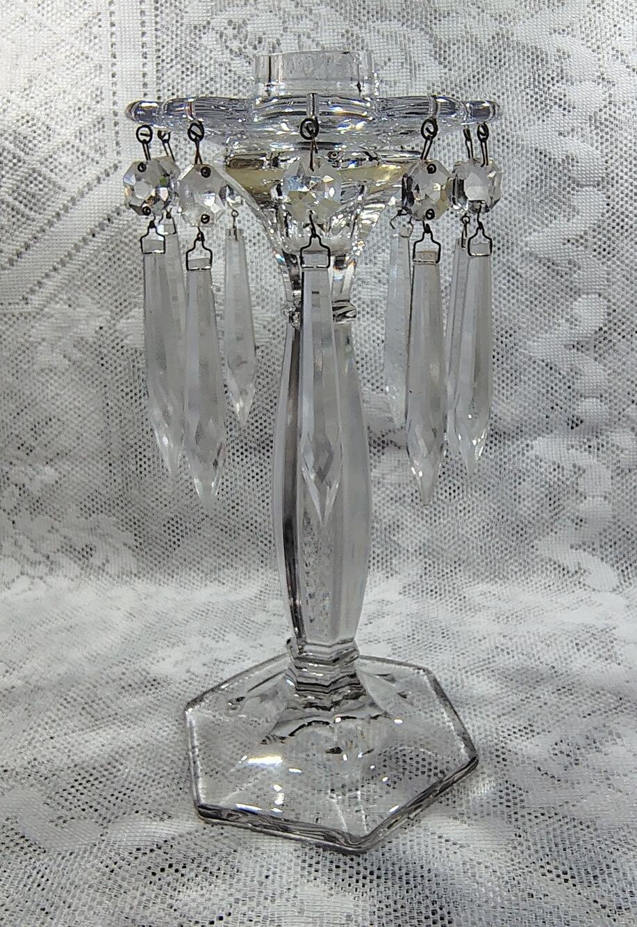 Vintage Clear Glass Candle Holder With A Ring Lined With Crystal Prisms